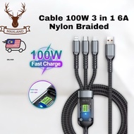 Fast Charging Cable 100W 3 in 1 6A Nylon Braided USB C Type-C Charger Data Cable Kabel Pengecas Cepa
