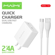 Maimi ชุดชาร์จ รุ่น T29 2.4A (หัวพร้อมสาย) Lightning / TypeC / MicroUSB หัวชาร์จ USB 2พอร์ท ชุดชาร์จไอโฟน ไอแพด แอนดรอยด์ แท้ 100% ประกัน 1ปี