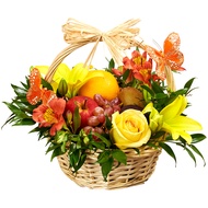 FNP Basket Arrangement Of Fresh Flowers & Fruits
