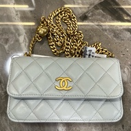 CHANEL香奈兒 Classic Flap CF 23S 山茶花調節扣鏈條菱格小金球 小羊皮 單肩斜挎包 Baby藍 芯片款。