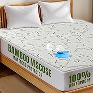 Waterproof Bamboo Mattress Protector - Hypoallergenic fitted Mattress Cover - Breathable Cool Flow T