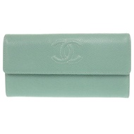 近全新香奈兒 Coco Mark 魚子醬皮皮夾，薄荷綠，銀色五金，型號 18，0330 [二手] 香奈兒
