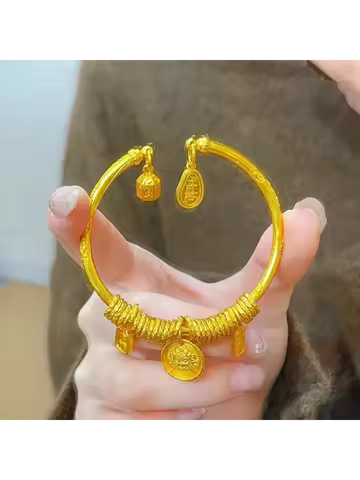 Yellow God of Wealth Coiled Open Bangle Women 24K Gold, AU999 - Rich AU999 Shine, Fine Coils, Wealth