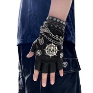 Cool Skull Rocker Hip-Hop Leather Pairs Fingerless Biker Studded Gloves With Chain Bracelet Men