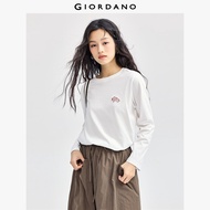 GIORDANO Women T-Shirts 100% Cotton Natural Animal Embroidery Tee Crewneck Long Sleeve Simple Fashio