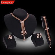 LOVESPACE Women 18K Gold Plated Crystal Necklace Bracelet Ring Earrings Tassel Jewelry Set A5W8
