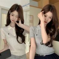 H&H🌞"พร้อมส่ง" 32198-2 เสื้อครอปไหมพรม คอปก แขนยาว ผ้าร่อง มินิมอลไสตล์ปักกระต่ายน่ารัก