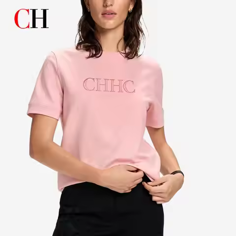 CH Women's Clothing - Pink Cotton Embroidered Letter Pattern Short-Sleeved Casual Basic T-Shirt - Ur