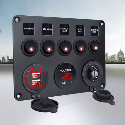 5 Gang LED Light Switch Control Panel Dual USB Port LED Rocker Switch Panel 12V Cigarette Lighter So