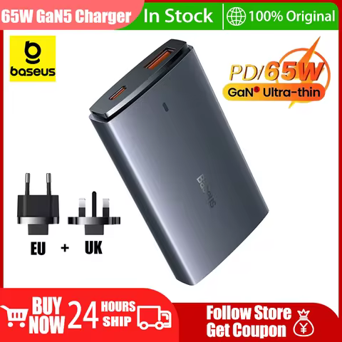 Baseus 65W GaN5 Ultra-Slim GaN Charger Foldable Plug USB Type C Dual Port Fast Charging for MacBook 