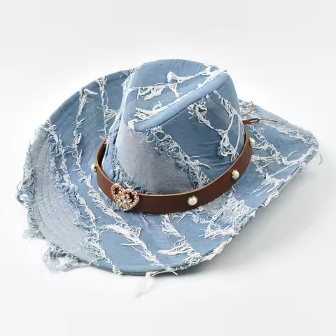 Western Cowboy Hat for Women Men Washed Denim Cowgirl Jazz Hat Suitable for Daily Casual Wear, Weste