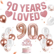 90th Birthday Decorations for Women – Rose Gold “90 Years Loved” Banner, Happy 90 Cake Topper, Large