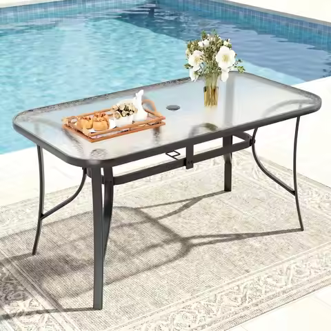 Patio Outdoor Table W/ 1.69″ Umbrella Hole, 30'X 55' Rectangular Tempered Glass Patio Dining Table f