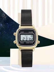 1入女用黑色和金色多功能電子手表；具有日曆,週顯示和不銹鋼米蘭手鍊；適合日常佩戴,裝飾,節日禮物