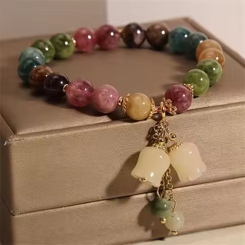 Fashion Colorful Tourmaline Crystal Bracelets for Women Men Light Luxury Orchid Pendant Beaded Brace