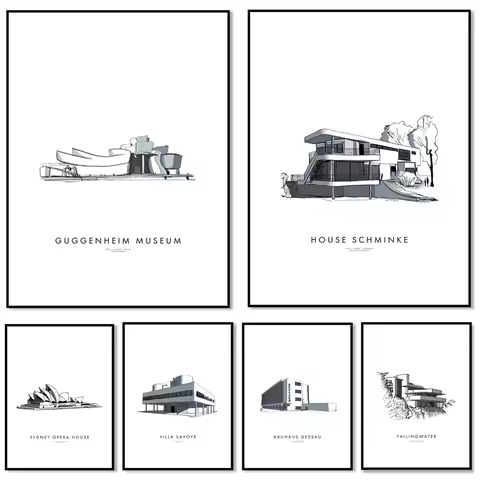 Eiffel Tower in Paris,Villa Savoye,Sagrada Familia,Guggenheim Museum,Bauhaus Dessau Architecture Ske