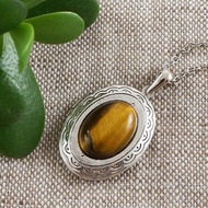 Brown Yellow Tiger Eye Cat Eye Silver Oval Photo Locket Pendant Necklace Jewelry