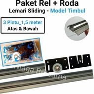 Ada Rel Sliding Lemari 3 pintu 1,5 Meter Model Timbul Plus Roda Geser SD 380 Lengkap
