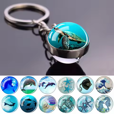 Blue Sea Keychain Marine Organisms Cute Key Chain Double Sided Glass Ball Pendant Dolphins Turtles S