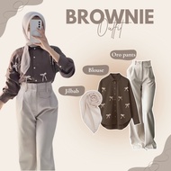 1 Set of Beautiful Hanging Out Outfits (PIta Blouse + Oro Pants + Square Hijab) Coffee Brown HO69N