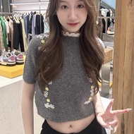 Korean Version Sweet Gray Knitted T-Shirt Women's Slim-fit Short Stretch Lace Stitching Flower Round Neck Short @