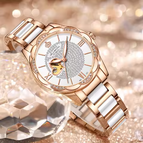 ORKINA Women Automatic Watch Elegant Design Open Heart Diamond Dial & Bezel Premium Ceramic Strap La