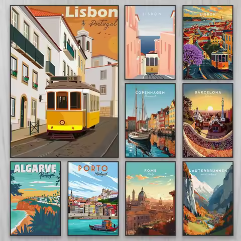Lisbon Wall Art Poster Travel Art Prints Portugal Minimalist Canvas Painting South of France Prints 