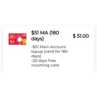 Singtel Prepaid $51 Main Account (180 Days) / Top Up / Renew / Recharge