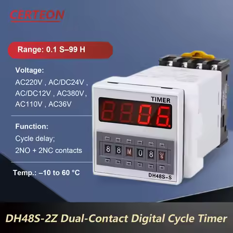 DH48S-S-2Z Digital Timer Relay 0.1s‑99h Repeat Cycle Time Relay 220VAC 24VAC/DC Programmable Delay T
