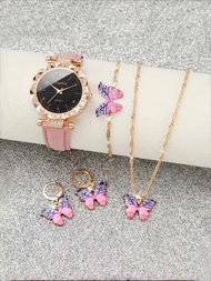 5入組女孩手錶石英手錶鑲嵌蝴蝶寶石仿製珠寶套裝,兒童禮物