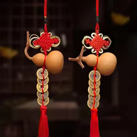 Natural Gourd with Five Emperors Coins Pendant, Hand Twist Wenwan Gourd Ornament, Antique Five Emper