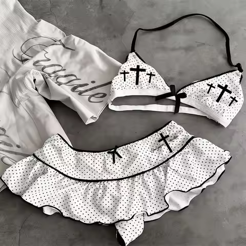 Women Gothic Cross Polka Dot 2P Bikini Set Halter Top Ruffle Skirt Bottom Y2K Grunge Summer Beachwea