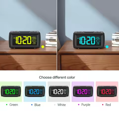 FM Radio Alarm Clock Retro Digital Desk Clock for Bedside Kitchen Living Room 7 Color Font Date Week
