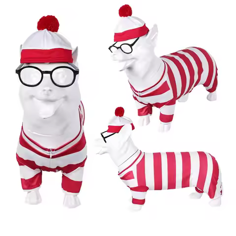 Wally the Dog Pet Dog Clothing Cosplay Where's Wally Waldo Costume Hat Outfits Clothes Halloween Car