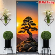 1pc, 2d flat printing Festive Decoration 70.9x 35.4in party banner Sunset Over Bonsai Tree Durable 1