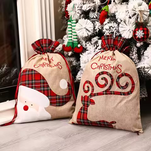 Large Christmas Gift Bag Drawstring Luxury Linen Packing Bag Elf Merry Christmas Accessories Xmas De
