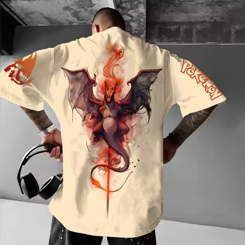 Breathable Cotton T-shirt, Pokemon Print Crew Neck T-shirt, Elastic Tee for Comfortable Sports Activ