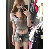 [Cherry Seven] Denim Shorts American Retro a-Line Shorts Hot Girl Shorts Sports Shorts Women's Home 