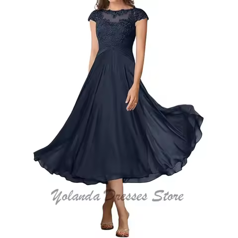 Classic Chiffon Mother of The Bride Dresses Short Sleeves Appliques Scoop Neck Mother Bride Dresses 