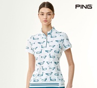 【PING】女款鯨魚圖騰立領短袖POLO衫-白-L
