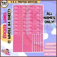 Customized Sticker Label for Names & Subject (A4 size Whole Page WATERPROOF)
