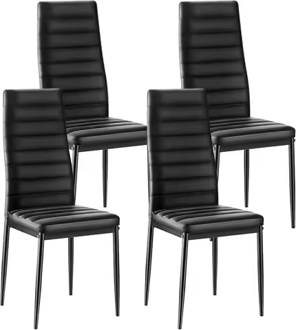 Modern Upholstered Leather Accent Chairs Set of 4, Black Metal Legs, Thick Cushion, Space-Saving Din