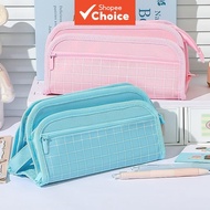 Large-Capacity Pencil Case with Three Compartments, Checkerboard-Style Storage Pouch for School Supp