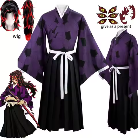 Kokushibo Anime Cosplay Kimono Outfit Purple Printed Haori Black Hakama Traditional Costume For Cos 