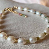 天然珍珠 彩虹碧璽 || 小方塊 美國 14KGF手鍊 手鏈 可改頸鏈