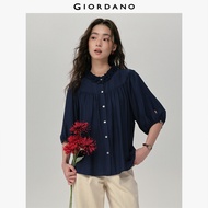 GIORDANO Women Blouses Ruffle Mandarin Collar Blouses Shell Buttons Elbow Length Sleeve Classy Fashi