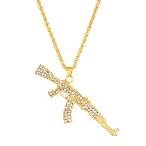Men's punk hip-hop full diamond submachine gun necklace creative personalized gun AK-47 pendant jewe