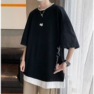 M-3XL Wide Version Top Dropped Shoulder Men t-Shirt Short Sleeve Boy Clothes Fake Two-Piece t Plain 