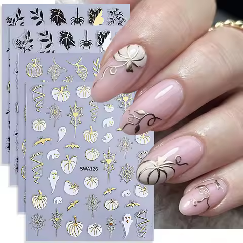 4pcs Halloween Nail Stickers 3D Metal Love Spider Web Ghost Pumpkin Maple Leaf Self-Adhesive Nail De