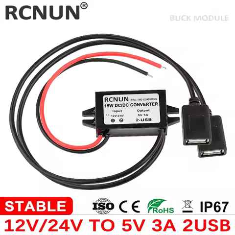 RCNUN 8-32V 12V 24V to 5V 3A CAR Charger DC DC Step Down Converter Dual USB Buck Power Supply for Mo